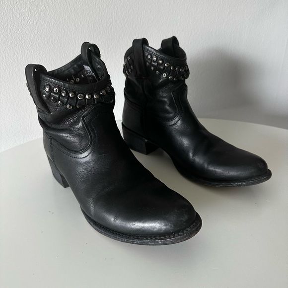 Frye Black Leather Studded Low Cowboy Boots - Picture 3 of 10